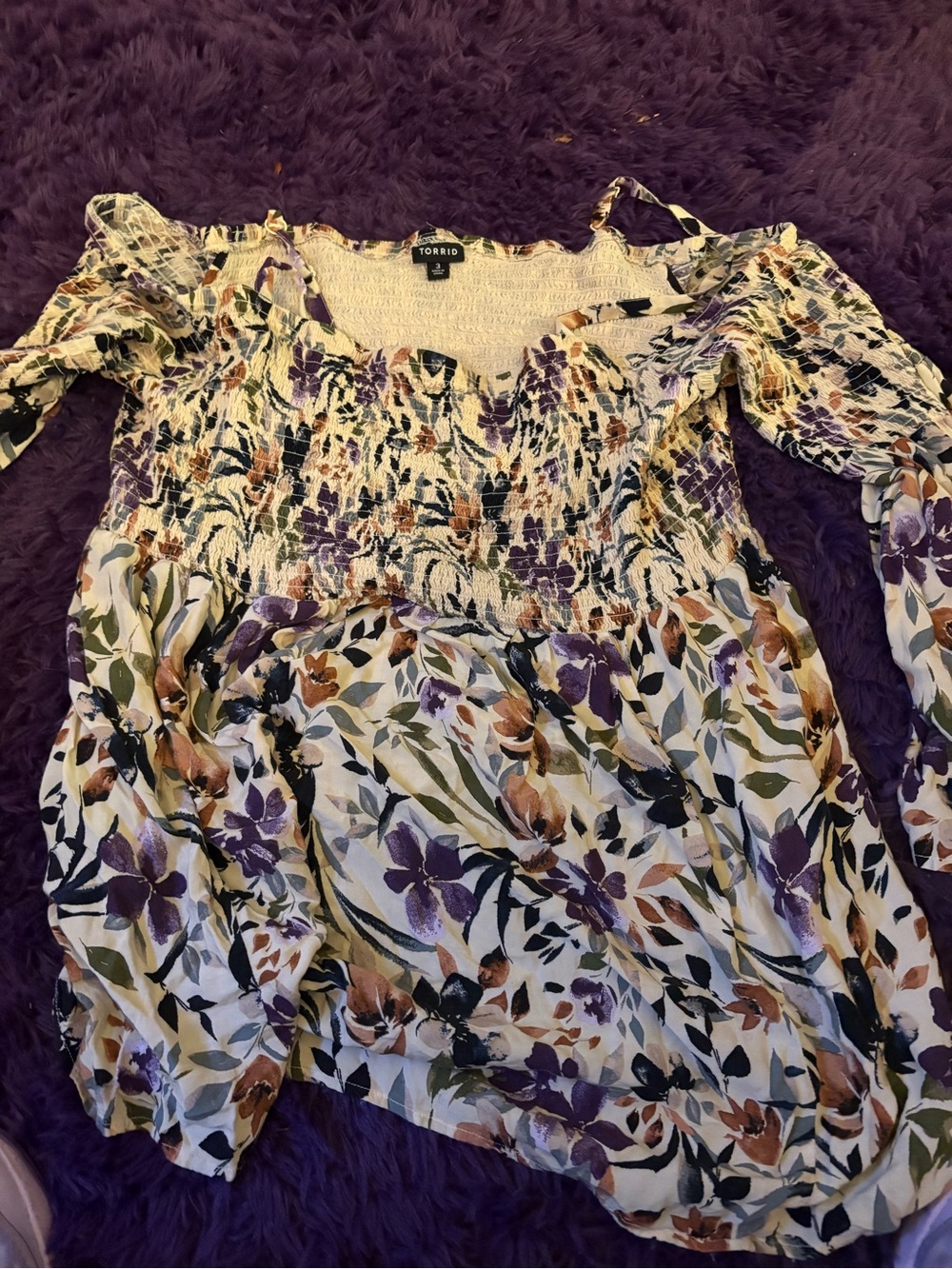 torrid Floral Smocked Off-Shoulder Top - Purple, Green, Tan